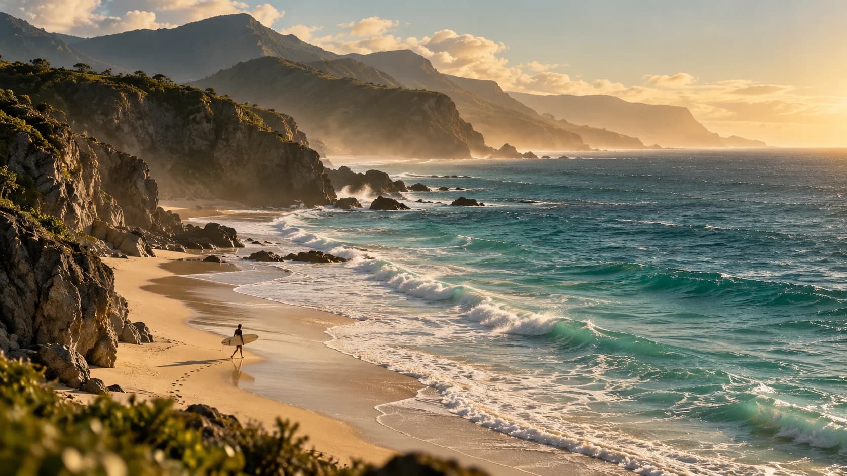 A surfer walking along a sunlit coastline